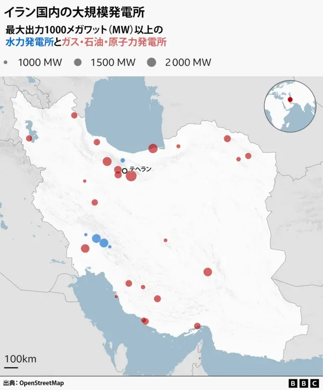 イランにおける最大出力1000メガワット以上の発電所の位置