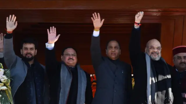 जेपी नड्डा और अमित शाह के साथ अनुराग ठाकुर