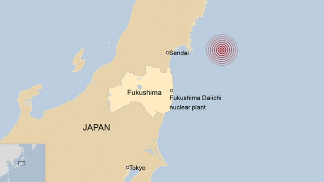 Mapa (em inglês) mostra o epicentro do terremotosporting braga u232011 e o site da usina nuclearsporting braga u23Fukushima