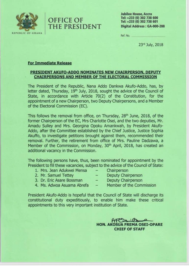Di nomination letter from President Akufo-Addo