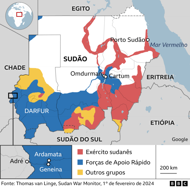 Mapa mostrando as localizações de Cartum, Omdurman, Porto Sudão e Ardamata e Geneina, em Darfur, assim como áreas de controle do exército sudanês e das RSF.
