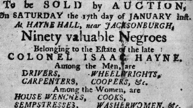 Cartel que anuncia una subasta de esclavos en EE.UU. en 1850.