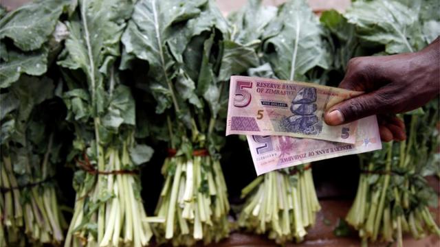 Deux billets de 5 dollar zimbabwéen Z$5 avec en fond des légumes