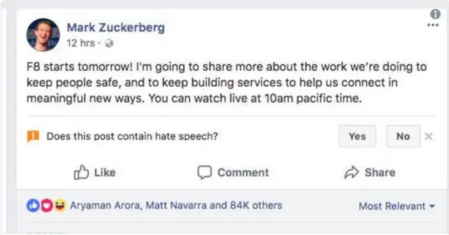 যুক্তরাষ্ট্রের অনেক গ্রাহক জানিয়েছেন, নতুন পোস্ট দেয়ার পরে তারা একটি নতুন বার্তা দেখতে পাচ্ছেন, যেখানে জানতে চাওয়া হচ্ছে যে, এটি ঘৃণা বা বিদ্বেষ ছড়ানো মূলক কোন বক্তব্য কিনা