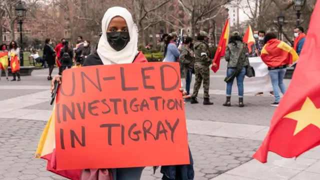 Protesters with Tigray flags and posters staged rally on Washington Square and walk along Broadway demanding end of Ethiopia offence on civilians