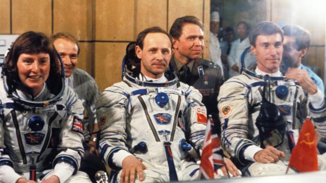 Helen Sharman, Anatoly Artsebarsky, and Sergei Krikalev prior to launch, 1991.