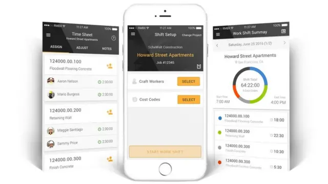 Sawirka borogoraamka Smartphone screens showing Rhumbix software