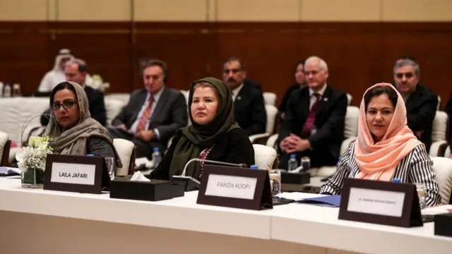 Mary Akrami, women's rights activist Laila Jafari, Fawzia Koofi in the Intra Afghan Dialogue talks in the Qatari capital Doha on July 7, 2019