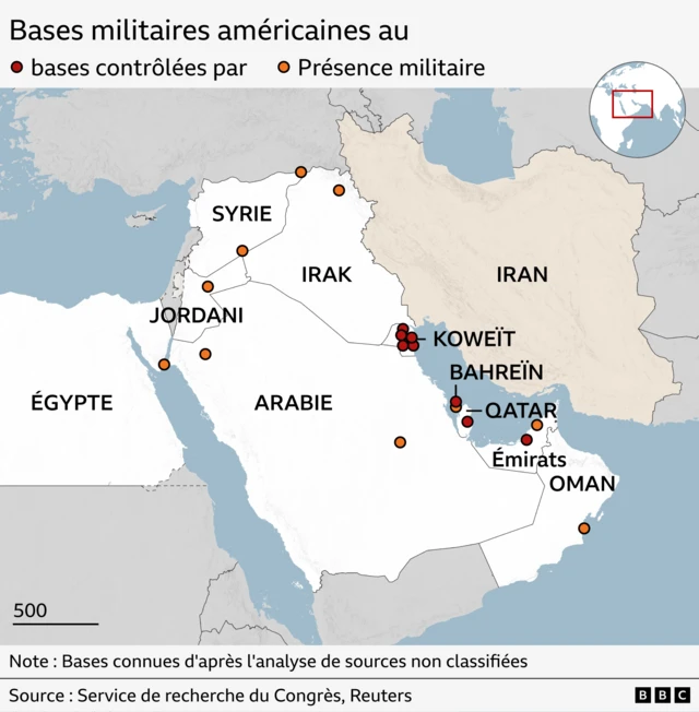 Carte du Moyen-Orient de la BBC montrant l'emplacement des bases militaires américaines et les zones de présence militaire américaine. Les points rouges indiquent les bases américaines, principalement concentrées au Koweït, à Bahreïn, au Qatar et aux Émirats arabes unis. Les points orange indiquent une présence militaire américaine plus étendue, notamment en Irak, en Syrie, en Jordanie, en Arabie saoudite, en Égypte, aux Émirats arabes unis et à Oman. Veuillez traduire tous les mots ici pour les personnes malvoyantes.