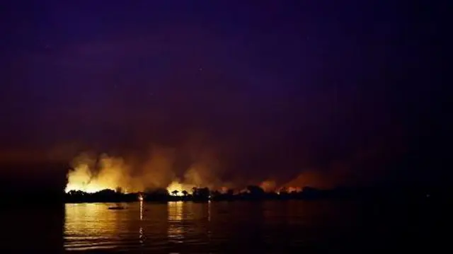 A fumaça de um incêndio sobe no ar enquanto árvores queimam entre a vegetação do Pantanal