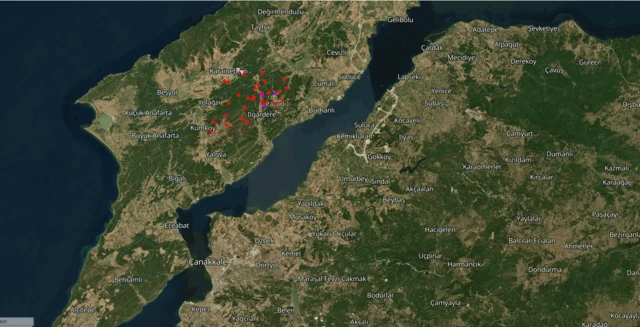 Avrupa Birliği'nin yeryüzü inceleme programı Copernicus'un haritasına göre Gelibolu'da yangının etkilediği yerler.