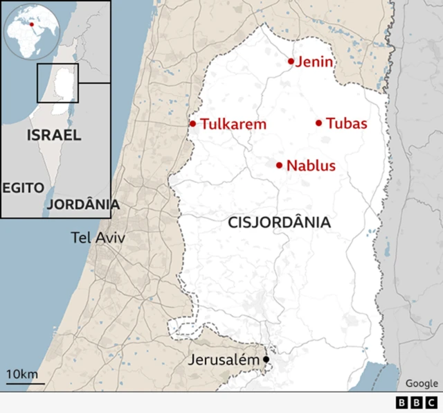 Mapa mostrando as cidadesfutebol virtual 365Jenin, Tulkarem, Nablus e Tubas, onde as forças israelenses realizaram incursões.