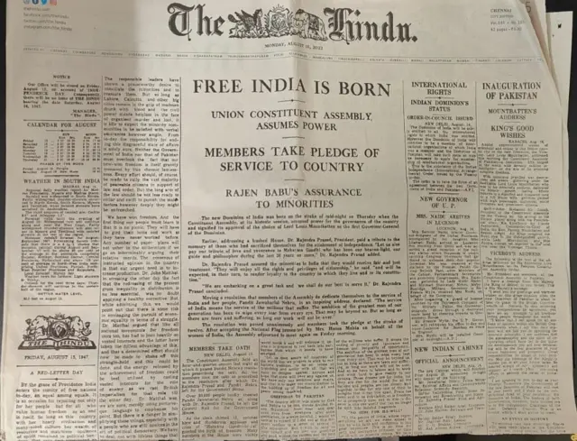 சுதந்திர தினத்தன்று வெளியான தி இந்து நாளிதழின் புகைப்பட மறு அச்சுப் பிரதி.