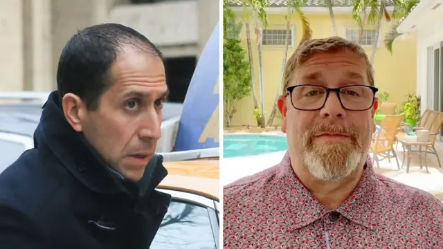 Два зображення поруч. На лівому – людина у темному пальті стоїть біля автомобіля в міському вуличному середовищі. На правому – людина у сорочці з візерунком стоїть на сонячному подвір’ї з басейном, садовими меблями на терасі та пальмами