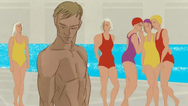 Иллюстрация - Саша Мальцев в кругу девушек-синхронисток