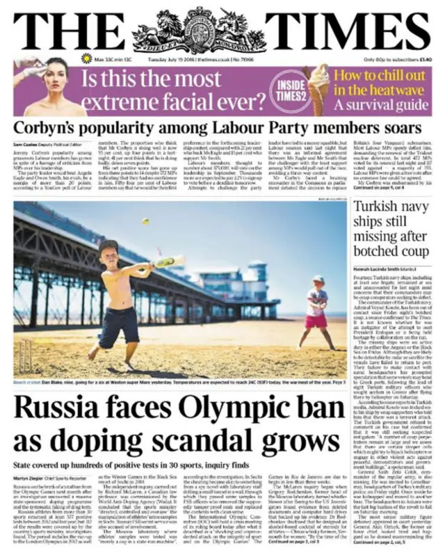 Times gazetesinin 19 temmuz birinci sayfası