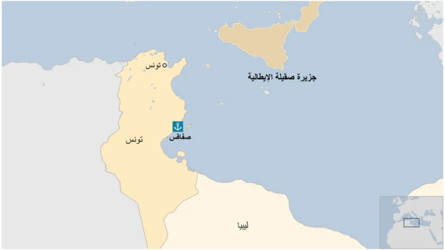 خارطة تبين المسافة بين الشواطئ التونسية والإيطالية