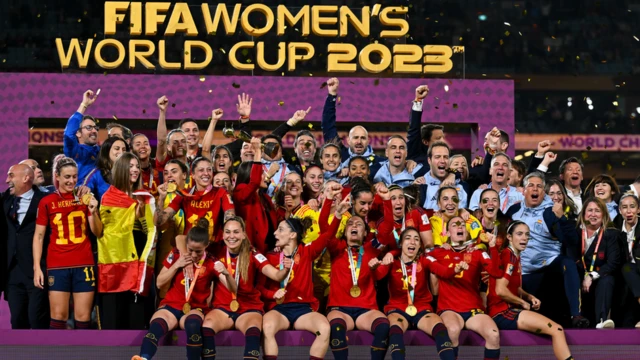 Spain's jubilant players celebrate winning the Fifa Women's World Cup after defeating England 1-0 in the final