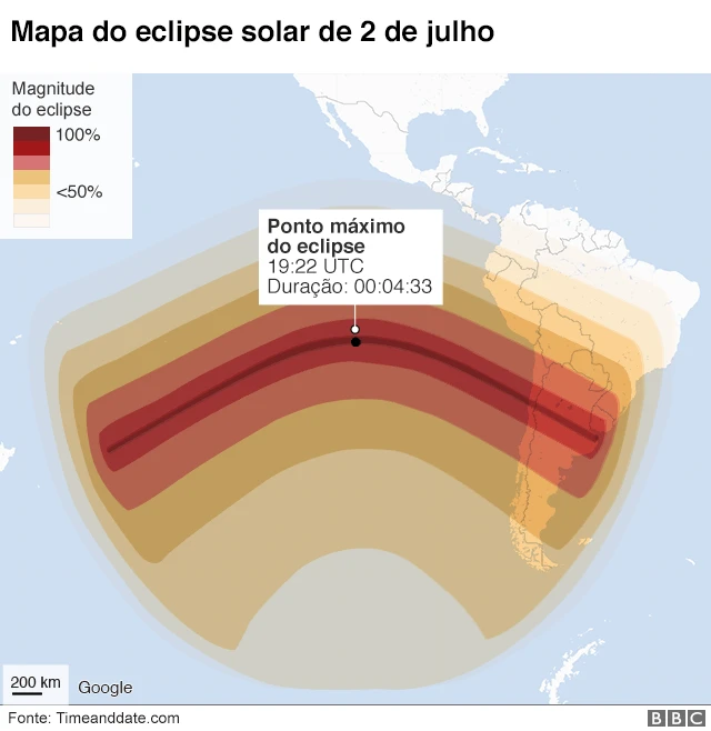 Ilustração mostra mapa exibindo o ponto máximo do eclipse solarnordeste futebol aposta2nordeste futebol apostajulhoi