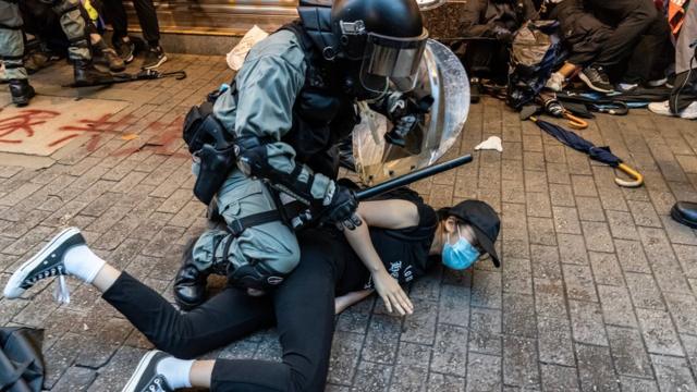 Pro-democracy protesters arrested by police during a clash at a demonstration in Wan Chai district on October 6, 2019 in Hong Kong, China.