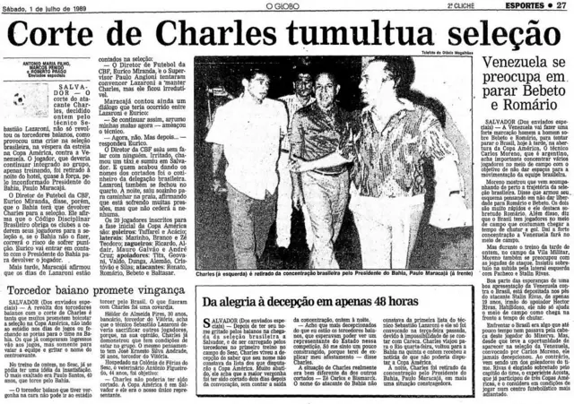 O Globo newspaper report on Charles Fabian's omission from the Brazil squad in 1989