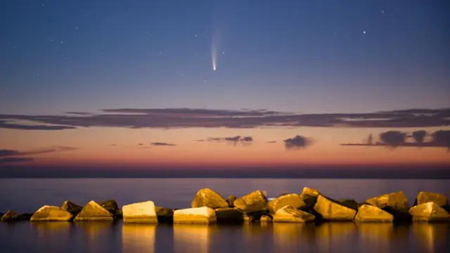 Comet Neowise (C/2020 F3) shining at sunset above the Port of Molfetta in Molfetta on 11 July