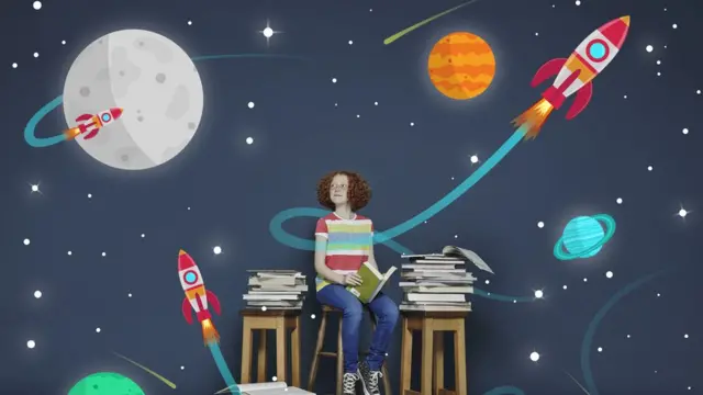 Ilustración de una niña con juguetes y libros