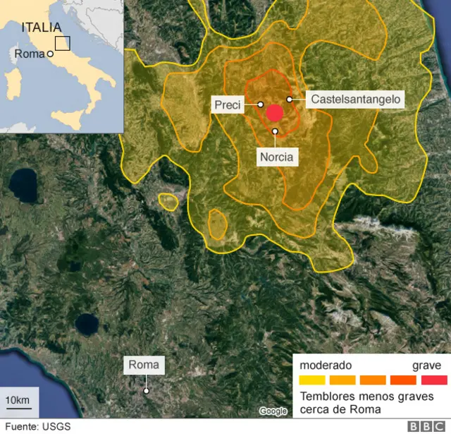 Mapa de Italia con terremotos.