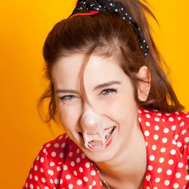 Chica con clicle estallado riendo