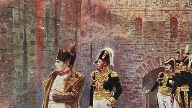 نابليون وقادته يطالعون حرائق موسكو بعد أن اضرم فيها الروس النيران لدى وقوعها فلي يد الفرنسيين