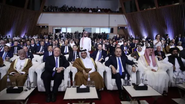 La cérémonie de signature de l'accord de paix entre les États-Unis et les talibans à Doha, au Qatar, le 29 février 2020.