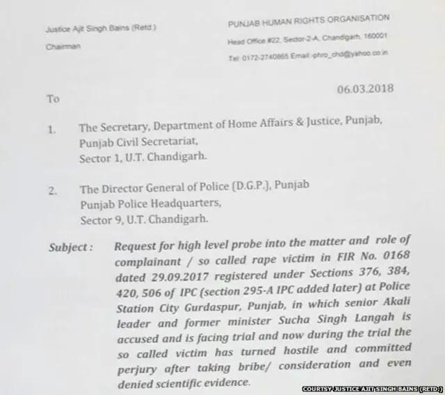 ਜਸਟਿਸ ਬੈਂਸ ਵੱਲੋਂ ਲਿਖੀ ਗਈ ਚਿੱਠੀ