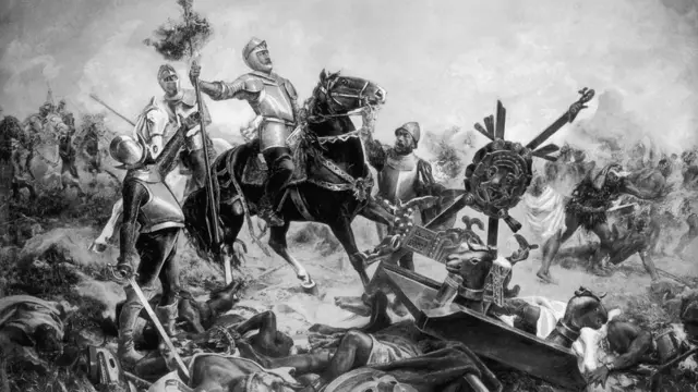 Antigua ilustración que muestra una batalla entre los conquistadores españoles y los aztecas
