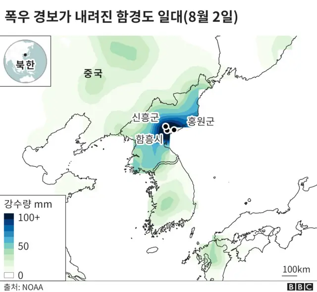2일 함경도 일대에 100㎜ 이상의 많은 비가 내렸다
