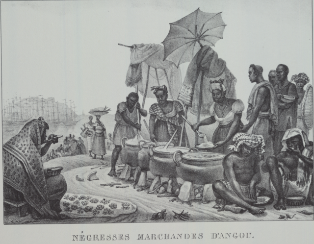 Ilustração mostra negras escravizadas vendendo angu a partirsite de aposta para ganhar dinheirograndes panelas redondas