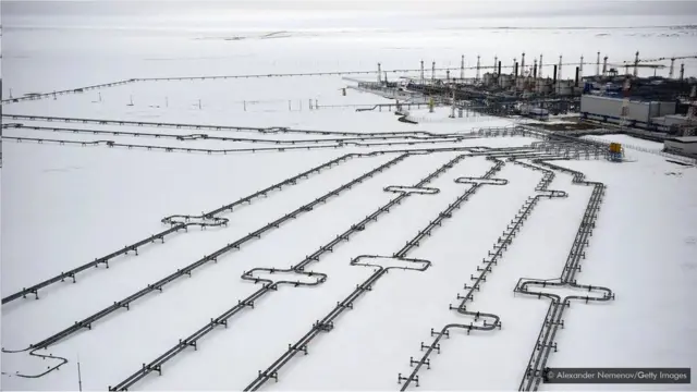 西伯利亞西部冰雪原野上的石油和天然氣開採設施。波瓦倫科沃天然氣田離一個環形坑洞只有26英里。 (