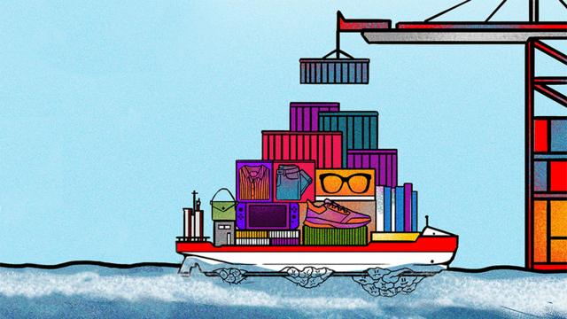Ilustración de un buque lleno de contenedores, navegando el mar con montañas de bálanos pegados al casco