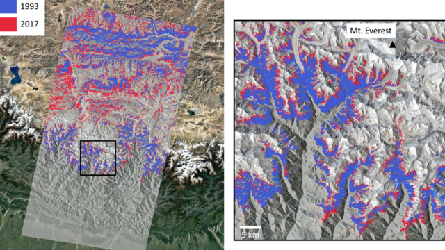 衛星圖像顯示，珠穆朗瑪峰周邊地區的植被覆蓋變化，1993年（藍色） 和2017年（紅色）的植被面積差別顯著