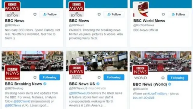 上の3つはBBCとは無関係の偽アカウント。下3つは公式アカウント。