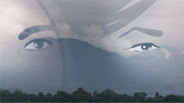 Illustration showing di eyes of two women, against one backdrop of hills and trees