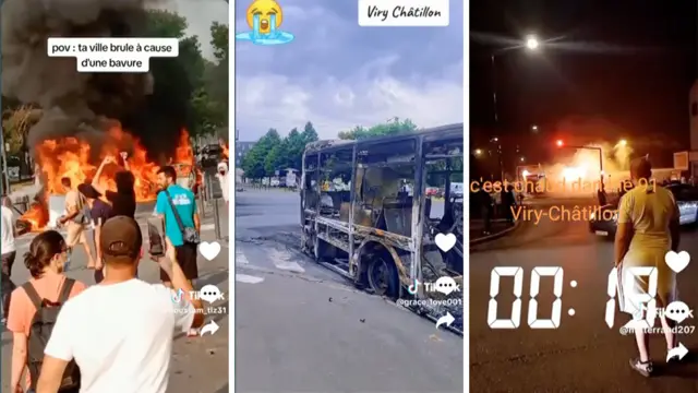 有关巴黎市郊維里—沙蒂永镇（Viry-Châtillon）骚乱情况的TikTok视频截屏