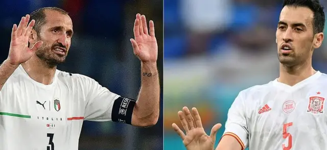 سرخیو بوسکتس (راست) هافبک اسپانیا و جورجو کیلینی مدافع ایتالیا