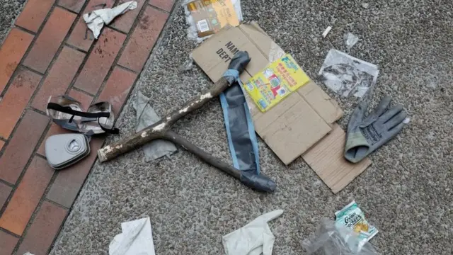 A catapult lies on the ground at the besieged Hong Kong Polytechnic University (PolyU)