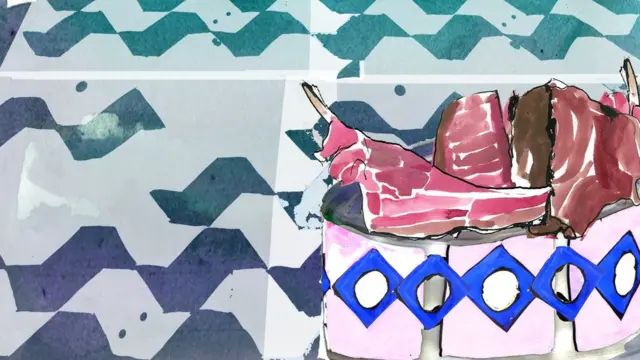 Illustration depicting a dog bowl and meat