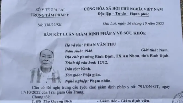 Bản kết luận giám định pháp y về sức khỏe ông Phan Văn Thu do gia đình cung cấp