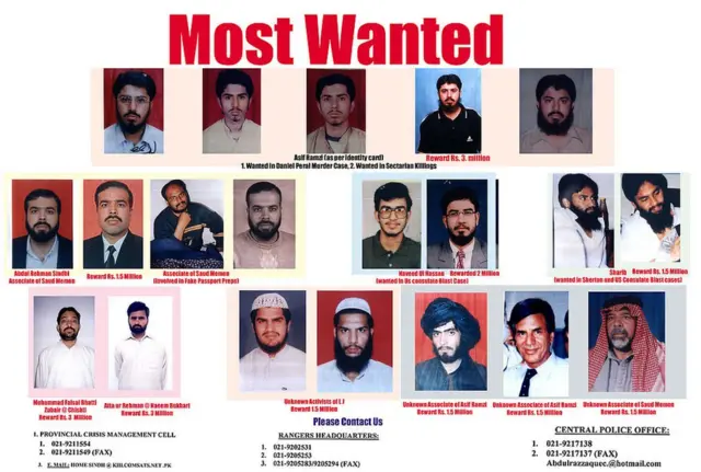 امریکی قونصل خانے، ڈینیئل پرل قتل اور دیگر حملوں میں ملوث ملزمان کی تصاویر جو امریکی ایجنسی ایف بی آئی نے انتہائی مطلوب شخصیات کے عنوان سے شائع کیں