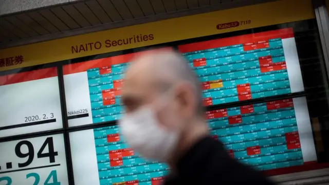 Hombre con máscara en la bolsa de valores de Tokio