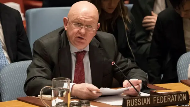 Russia's Ambassador to the UN Vasily Nebenzya speaks after a Security Council vote during a United Nations Security Council meeting on a ceasefire in Syria February 24, 2018 in New York.