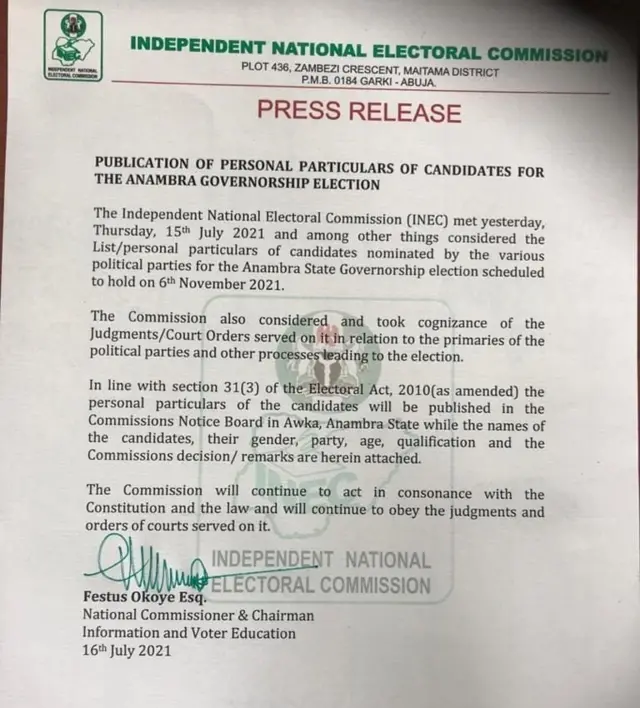 iwe oru an oludije fun ipo gomina ni ipin Anambra