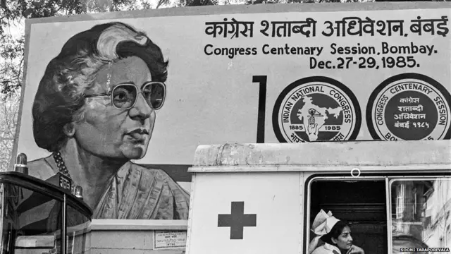 A poster of former Prime Minister Indira Gandhi during the Congress party's centenary celebrations in 1985